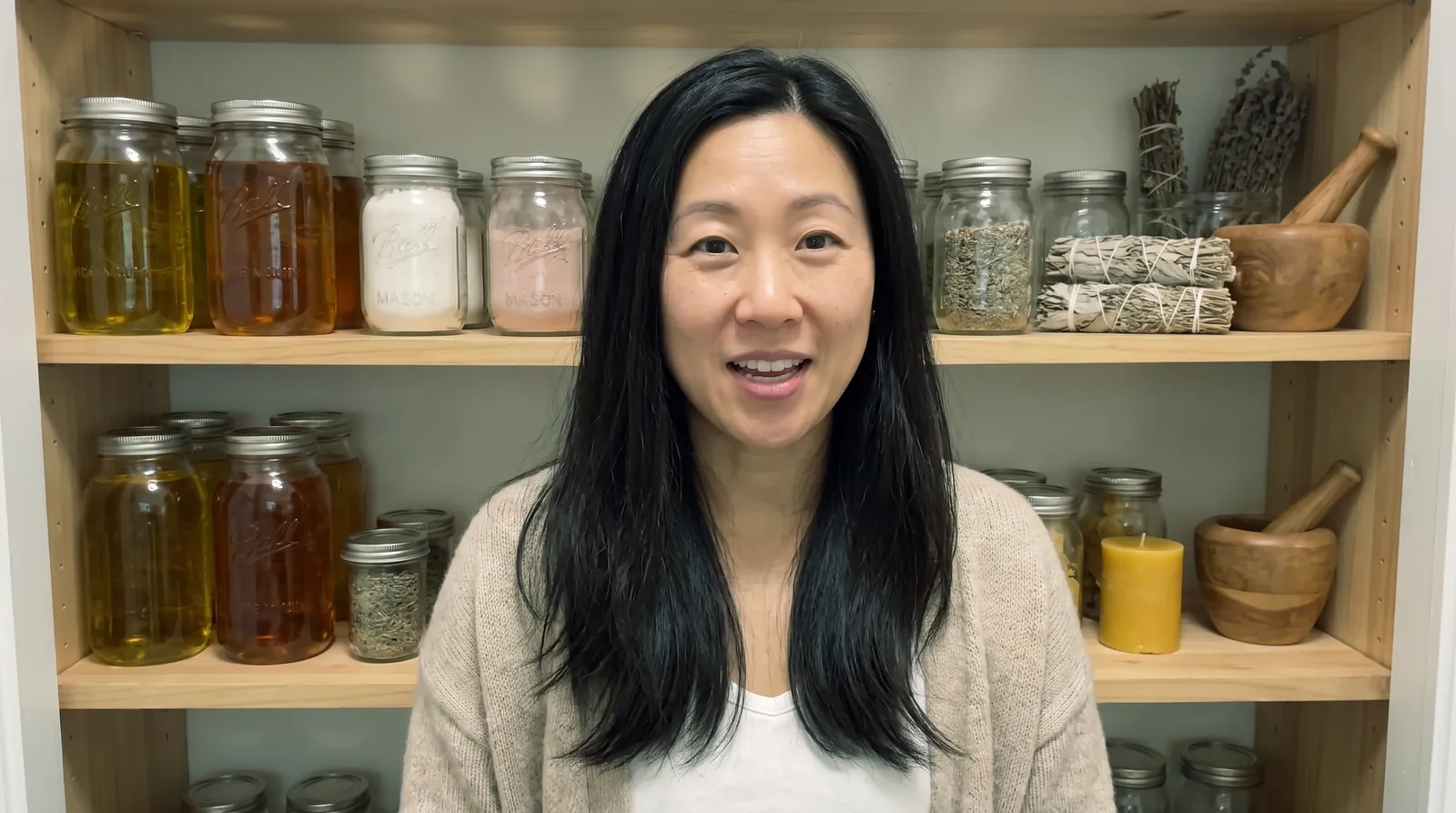 June Park in her pantry of oils, clays and dried herbs