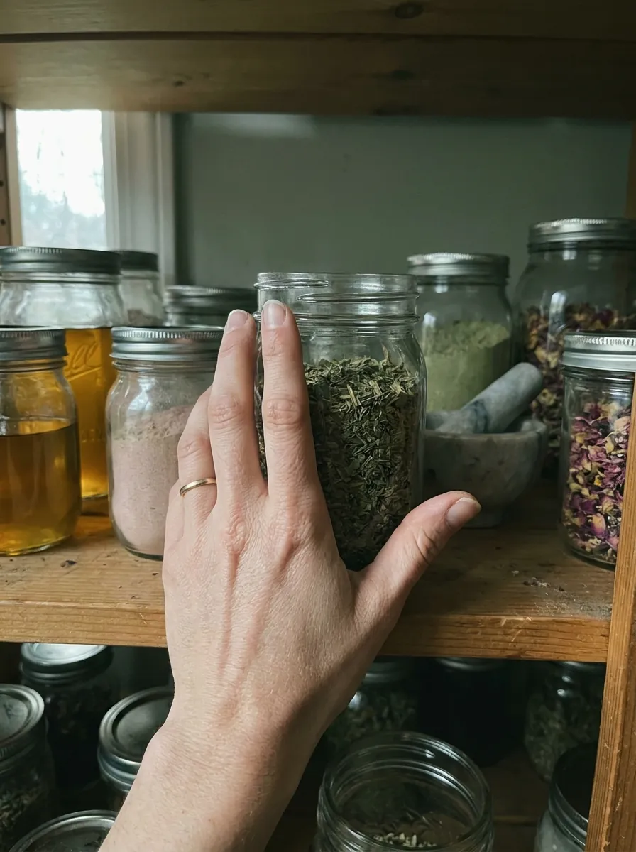 Hand reaching for a jar of dried herbs on a pantry shelf