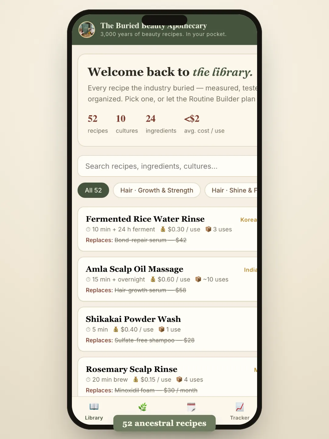 The Apothecary app open on a phone — the real recipe library