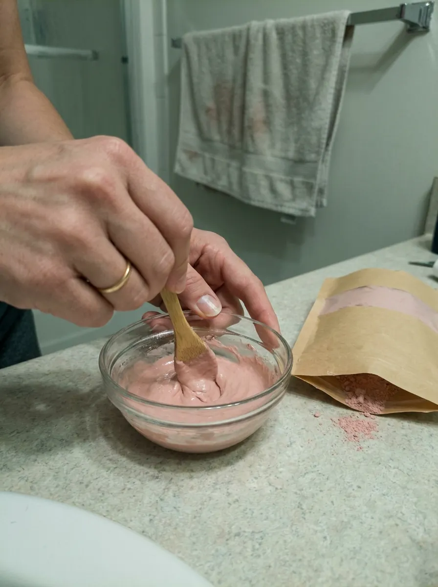 Hands mixing pink clay in a glass bowl