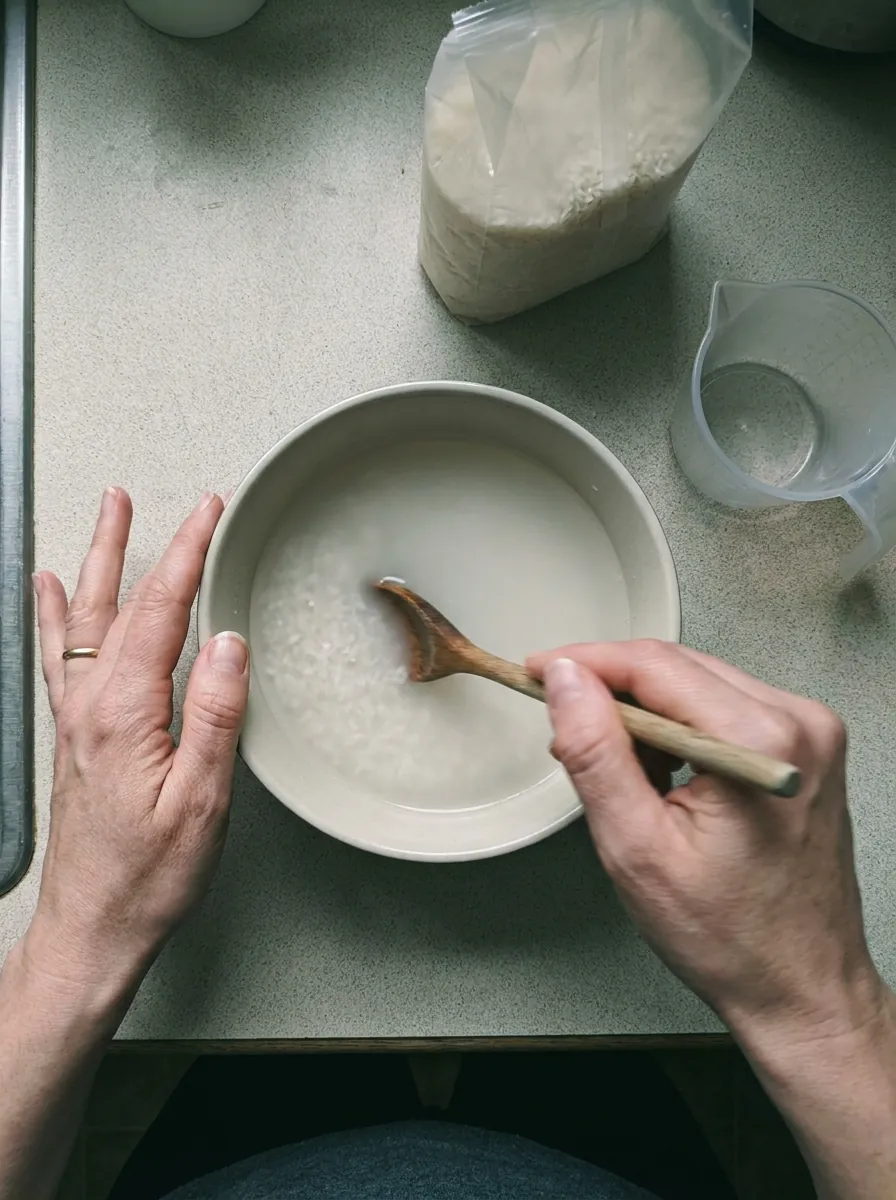 Hands stirring fermented rice water in a ceramic bowl